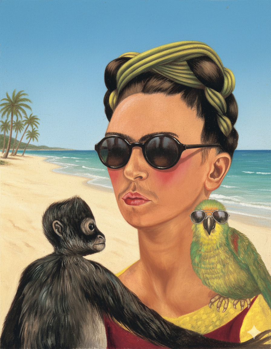 Collage en la playa con mono y loro